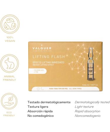 Flash Lifting Facial Ampoules by Valquer Laboratorios. Facial Serum. Immediate lifting effect. All skin types. With hyaluronic acid. Anti-wrinkle - 5 Units X 2 Ml - Buy Online on GoSupps.com