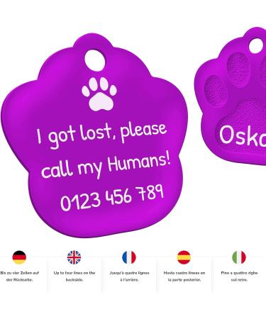 Personalized Purple Engraved Dog Tag Paw | 33mm Custom Pet ID with 2 Key Rings - International Shipping Available - Buy Online on GoSupps.com