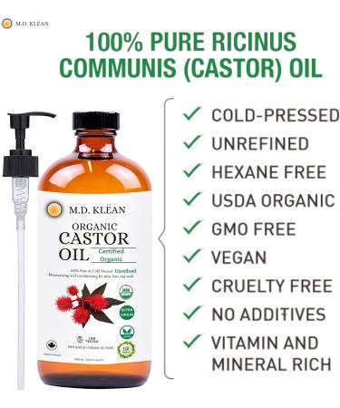 M.D. KLEAN ORGANIC CASTOR OIL 100% Cold Pressed (500ml) Amber Glass Bottle - Hexane Free | BPA Free Pump Inc | Unrefined Certified Organic | Skin Moisturizing and Conditioning Oil - Buy Online on GoSupps.com