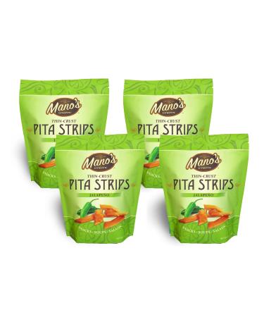 Manos Authentic Pita Chip Strips  Healthy, Thin, Snack-able, Bite Sized Pita Chips  Jalapeno (4) Pack 6.5oz each