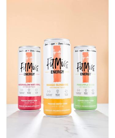 MusclePharm FitMiss Energy Drink 12oz (Pack of 12) Variety Pack - Mango  Pineapple Coconut  Watermelon - Sugar Free Calories Free - Perfectly Carbonated with No Artificial Colors or Dyes Mango  Watermelon  Pineapple Coconut - Buy Online on GoSupps.com