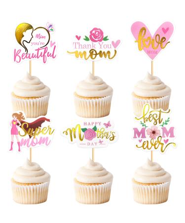 Ercaido 24 Pack Happy Mother's Day Cupcake Toppers Picks Best Mom Thank You Mom Super Mom Love Mom You're Beautiful for Happy Mother's Day Theme Party Cake Decorations Supplies Best MOM Mom Pink