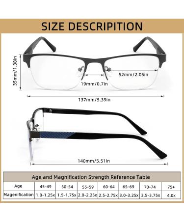 Blue Light Blocking Reading Glasses for Men - Fashion Metal Half Frame Anti-Glare UV Protection Flexible Spring Hinge - 3-Pack +2.0 Magnification - Buy Online on GoSupps.com