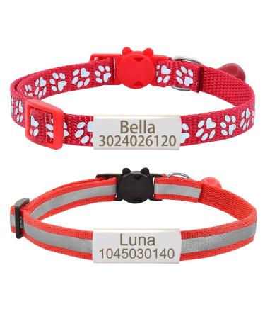 Senristar personalized 2 pack of reflective cat collar custom breakaway cat collars with name shield and bell anti-loss namesal tag cat collar for girls & boys neck: 20-28 cm red red