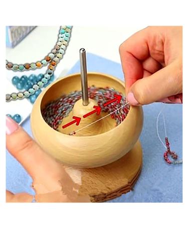 Eme-rald Bead Spinner Wooden String Bead Spinner Loader Tool Bead Spinning Tool with 2Pcs Curved Needles for DIY Jewellery Craft Making Beading Holder Stringing Spinner Bowl (Wood) (OI-1)