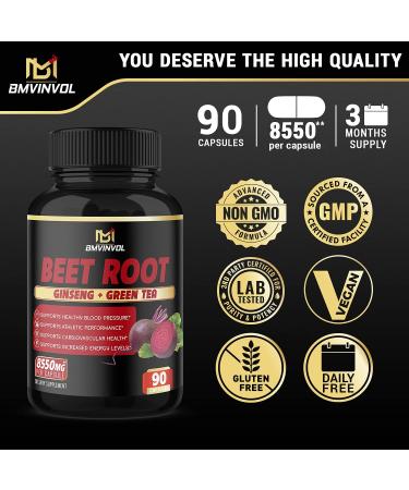Beet Root Extract Capsules 8550mg with Green Tea, Red Spinach, Ginseng - Athletic Performance & Immune Support - 3 Months Supply - Buy Online on GoSupps.com