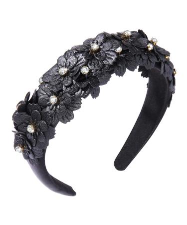 Padded Flower Crystal Headbands Leather Floral Hairband Rhinestone Embellished Wide Hair Hoop Solid Color Daisy Flower Hair Band Accessories for Women Girls Wedding Birthday Party Black
