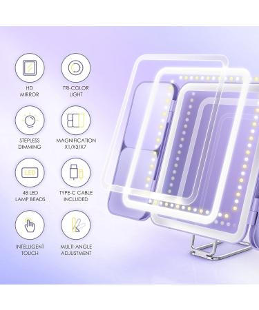 Sejoy Travel Makeup Vanity Mirror - 64 LED Lighted, 3X 7X Magnification, Tri-Fold Portable Mirror, Touch Sensor, 3 Color Modes, Rechargeable - Purple - Buy Online on GoSupps.com