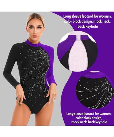 dPois Women's Long Sleeve Shiny Gymnastics Leotard | Ballet Dance Performance Unitard in Purple - Size Small - Buy Online on GoSupps.com