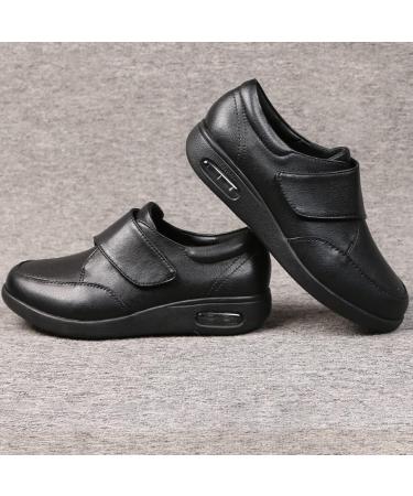 DXDUI Men's Black Leather Diabetic Walking Shoes - Adjustable, Wide Width Comfort Sneakers for Elderly Dad (Size 46) - Buy Online on GoSupps.com