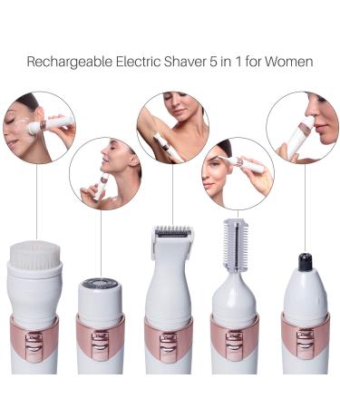 5 in 1 Electric Bikini Trimmer for Women - Rechargeable & Cordless Shaver for Women - Facial Hair Removal & Cleansing Brush - Wet & Dry Use - Buy Online on GoSupps.com