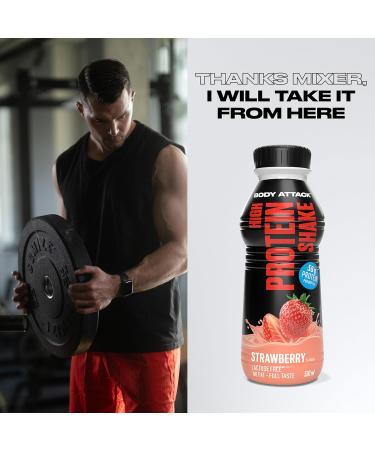 Body Attack High Protein Shake - Strawberry - 12 x 500ml - 50g Protein per Bottle - Ready-to-Drink Muscle Building - Made in Germany - Buy Online on GoSupps.com