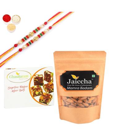 Ghasitaram Gifts Rakhi Gifts for Brothers Rakhi Sweets - Best of 2 Sugarfree Figs and Dates Bites and Mamra Almonds with 2 Pearl Beads Rakhis Best of 2 SF Figs & Dates Bite Mamra Almonds Rakhi