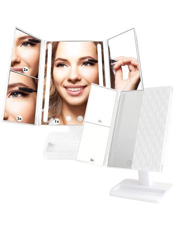 (2-Pack) Lighted Makeup Mirrors - 3-Color Dimmable Lighting Vanity w/ 32 LEDs Tri-Fold Design - 1X 2X 3X Magnification Smart Touchscreen Control USB Power Portable Folding Personal Cosmetic Mirror