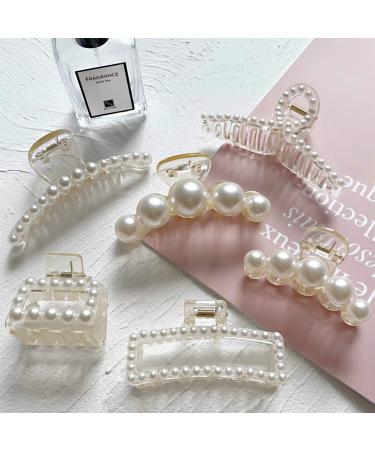 Sisiaipu 6 Pcs Large Pearl Claw Clips Pearl Clips Hair Claw Clips for Thick Hair White Hair Clips for Wedding Nonslip Jaw Clips Hair Styling Gift Hair Accessories for Women and Girls