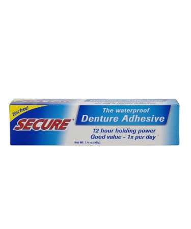 Secure Waterproof Denture Adhesive - Zinc Free - Extra Strong Hold for Upper, Lower or Partials - 1.4 oz