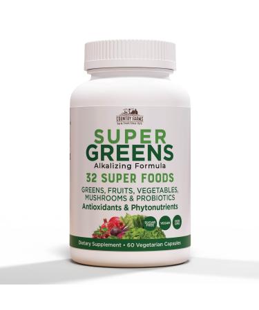 COUNTRY FARMS Super Greens Vegicaps, 32 Super Foods, Whole Food Supplement, Greens, Fruit, Vegetables, Mushrooms & Probiotics, Rich in Antioxidants & Phytonutrients, 120 Count, 60 Servings