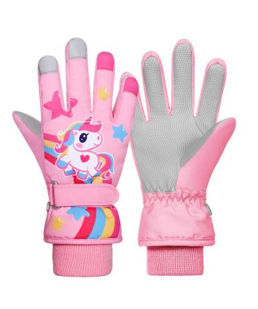 Children winter ski gloves waterproof snowboard gloves anti-slip plush lined warm unicorn gloves for girls boys 2-9 years old 5-7 years of pink