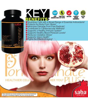 Saba Pomegranate Plus -Cellular Nutrition Broad Spectrum of Essential Antioxidants - Support Stress Cardiovascular Wellness Immune System Vision- 60 Capsules - Buy Online on GoSupps.com