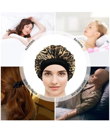 Satin Bonnet 2Pcs Set for Black Women - Silky Sleep Cap for Curly Natural Hair - Breathable Braid Bonnet - Black + Leopard Pattern - Buy Online on GoSupps.com