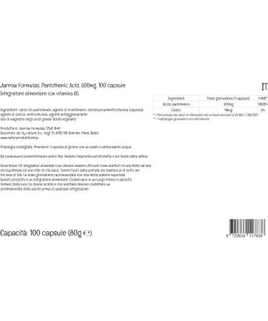 Jarrow Formulas Pantothenic Acid 500mg Vitamin B5 - 100 Vegan Capsules | Lab Tested, Gluten-Free, Non-GMO - Buy Online on GoSupps.com