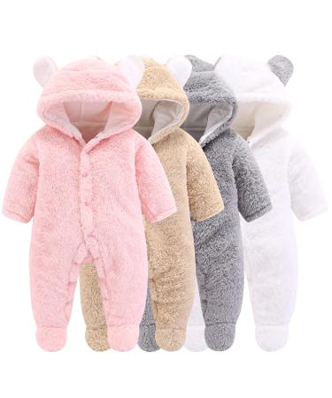 Newborn Baby Cartoon Bear Snowsuit Winter Coat Fleece Hooded Romper Jumpsuit 6-9 Months Pink