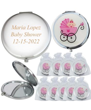 WE 12 Pcs Personalized Compact Mirror Favors Baby Girl Shower Pink/Makeup Purse Mirrors with Organza Bag