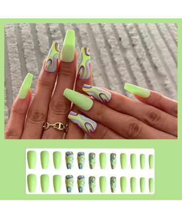 24 Medium Length Green French Tip Coffin Nails | Press-On Ballerina Fake Nails for Women & Girls - Buy Online on GoSupps.com