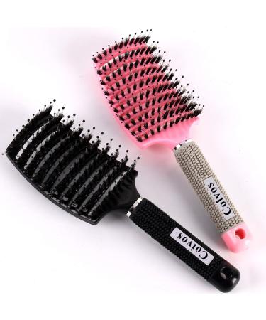 Detangling Brush& Coivos Boar Bristles Hair Brush Make Hair Shiny & Healthier Curved and Vented Detangler Brush for Women Men Kids Dry and Wet Hair Brush Pink+Black