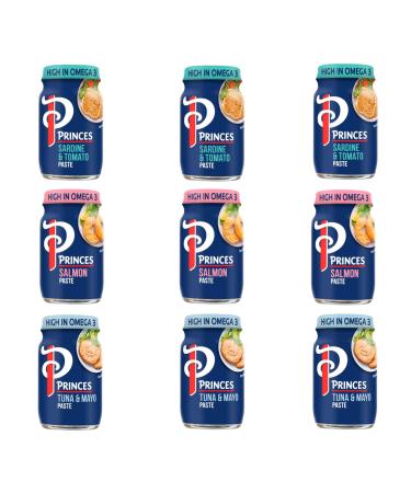 Princes Sandwich Spread Variety Pack - Salmon Tuna and Mayo Sardine and Tomato - (9 x 75g) High Protein and Omega 3 Delicious Fish Pastes for Toast and Sandwiches