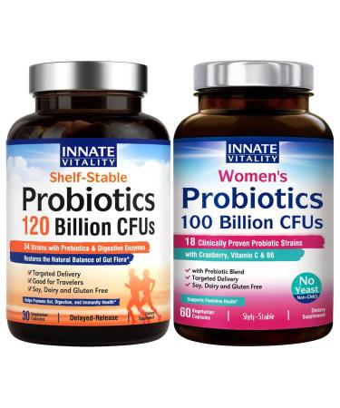 Innate Vitality Premium Probiotics Bundle - 100 Billion & 120 Billion CFUs Complete Digestive Support with Prebiotics Cranberry Vitamins C & B6 Immune Health Non-Refrigerated 90 Total Capsules