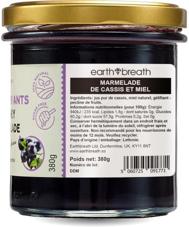 Earthbreath Marmalade - Honey & Blackcurrant - 380g - Sugar Free Natural Pure - Berries - Vegan Gelling Agent - Medium Cut - No Gelatin Preservatives or Artificial Additives - Buy Online on GoSupps.com
