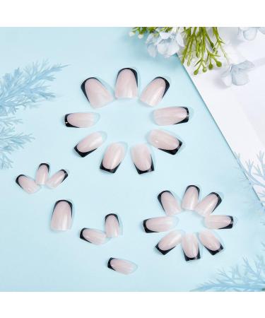 NICENEEDED Medium Length Nude Nails with Black French Tip Square Short Press on Nails Artificial Glossy False Nails with Nail Glue Stickers for Women Girls Daily Wear - Buy Online on GoSupps.com