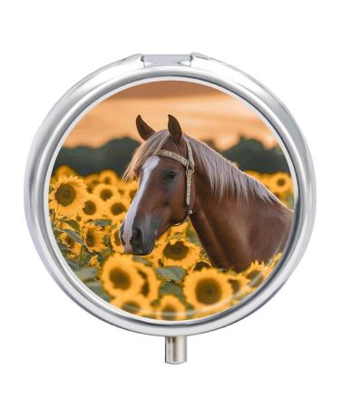 Round Pill Box Yellow Sunflower Horse Print 3 Compartment Medicine Pill Case Print Pill Organizer Decorative Metal Portable Pill Box Pocket Pill Box