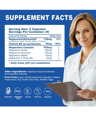 5 in 1 Magnesium Complex for Women, 976mg Complex with Magnesium Glycinate, Citrate, Malate, L-Threonate & B6, High Absorption, Easy-to-Swallow & Vegan Capsules, Third Party Tested, Non-GMO 90 Count (Pack of 1) - Buy Online on GoSupps.com