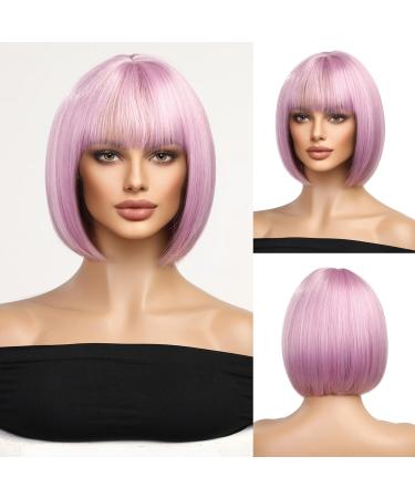 OUFEI Pink Purple Wigs for Women Short Wavy Wig With Bangs Natural Synthetic Hair Heat Resistant Wigs for Daily Party Cosplay Wear
