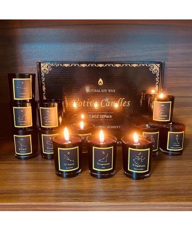 12 Scented Candles Gift Set - Black Glass Horoscope Jar Aromatherapy Candles | Soy Wax Votive for Parties Dinners & Camping - International Shipping Available - Buy Online on GoSupps.com