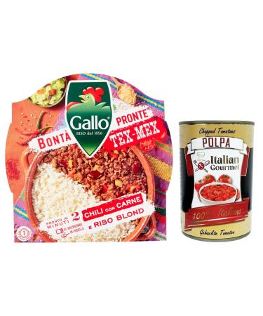 Italian Gourmet E.R. Riso Gallo Bont Pronte Tex-Mex Chili con Carne pre-cooked preparation with parboiled rice beans meat and peppers 220 g + Italian Gourmet Polpa di Pomodoro 400 g