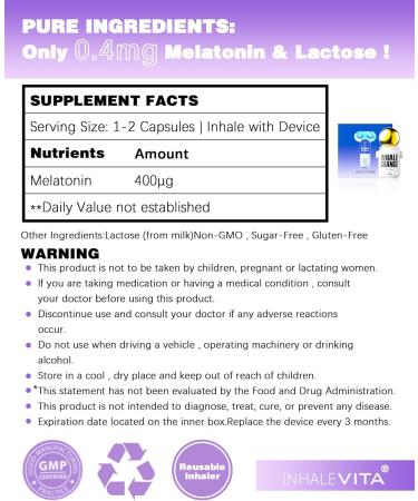 INHALEVITA Melatonin Inhaler Sleep Aid Combo Green|Includes 15 Capsules & 1 Reusable Inhaler, Fast-Acting with Advanced Absorption|0.4mg Low Dose, Zero-Sugar|Wake Refreshed, Portable,Non-Habit Forming - Buy Online on GoSupps.com