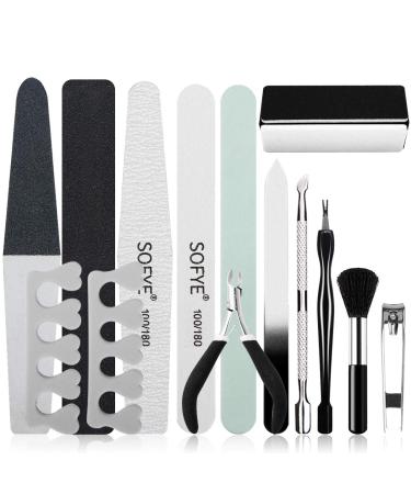 SOFYE Nail Files Set Professional Manicure Pedicure Set Nail Buffers Nail Files Double Sided Emery Board Grooming Kit Salon manicure kit Washable Effectively 15 in 1(Black) v6.0