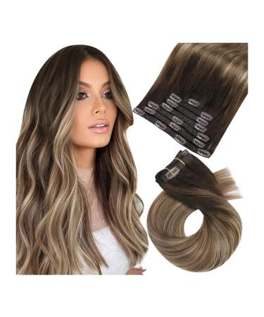 Hair Toppers for Women Clip in Hair Extensions Human Hair Balayage Dark Brown to Brown Mix with Blonde Clip in Seamless Hair Extensions Human Hair Ombre Hair Extensions Clip in #4/10/16 Messy Hair Bun 20inches 100g/Set