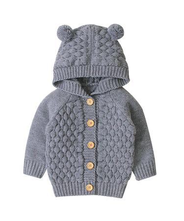 puseky Baby Boys Girls Knit Sweater Hooded Ears Warm Cardigan Coat Tops Jacket Outwear 6-12 Months Grey