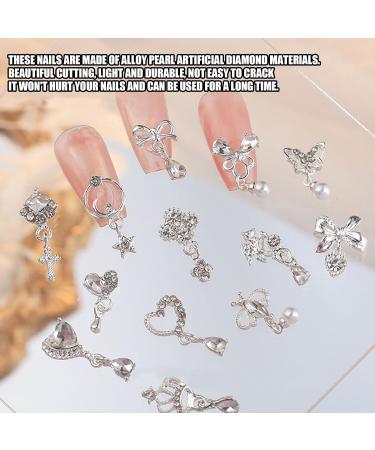 Dangle Nail Charms 24PCS Luxury Heart Flower Moon Butterfly Pearl Bow Gems | 3D Silver Alloy Rhinestones for Nail Art Decoration - Silver - Buy Online on GoSupps.com