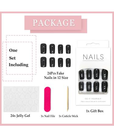 24Pcs Short Square Black Glitter Press on Nails with Rhinestones | Glossy False Nails for Women and Girls | Removable Stick on Nails for Manicure Decoration - Buy Online on GoSupps.com