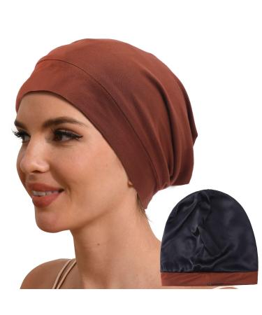 Hat Hut 100% Mulberry Silk Lined Sleep Cap Pure Silk Bonnet for Curly Hair Wrap Bonnet for Sleeping Silk Lined Slouchy Beanie One Size TITIAN RED