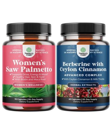 Bundle of Extra Strength Saw Palmetto for Women and Balancing Berberine Plus 1200mg Complex - DHT Blocker Thickening Hair Vitamins for Hair Loss - Antioxidant Berberine with Ceylon Cinnamon Capsules