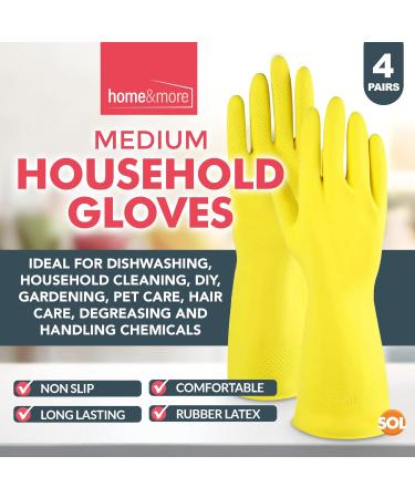 SOL 4 Pairs Medium Yellow Rubber Gloves for Household, Washing Up & Cleaning - Non Slip, Heavy Duty Gloves for Kitchen, Bathroom & Dishwashing - Buy Online on GoSupps.com