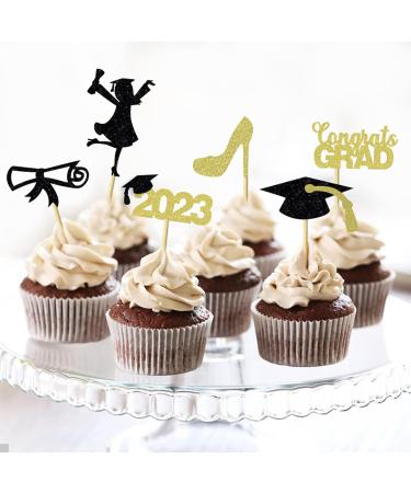 INDKOPVA Graduation Cupcake Toppers 2023 Black and Gold 25Pcs Girls Grad Cap Food Cake Graduation Party Wrappers Cake Decorations Diploma Cupcake Picks for Cake Graduation Party Supplies (Girl) - Buy Online on GoSupps.com