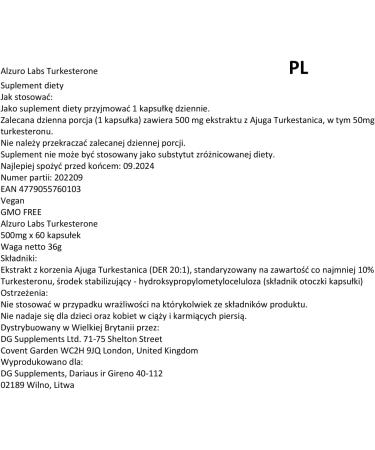 ALZURO LABS Turkesterone 10000mg Equivalent Ajuga Turkestanica Extract 201 500mg 60 vegan capsules 3rd batch tested by laboratory - Buy Online on GoSupps.com