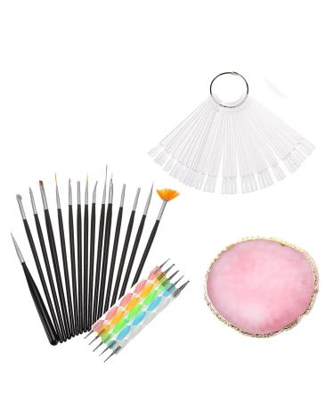 Pinkiou Nail Art Set Accessories, 15pcs Acrylic Nail Art Brushs with 5pcs Nail Dotting Pens, 50Pcs Nail Art Tips Sticks Display, Resin Nail Art Palette(Pink) for Nail Art Decoration